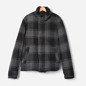 Y2K American Eagle Outfitters wool blend plaid jacket black faux fur heavyweight